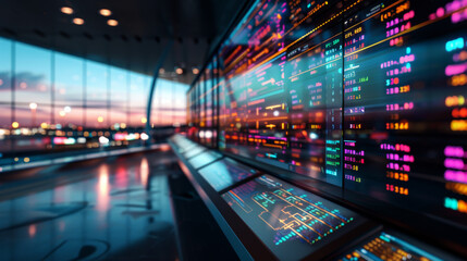 Obraz premium Data Wall: A captivating close-up of a futuristic data wall in a high-tech environment, displaying vibrant, dynamic information and illuminating the room with a mesmerizing glow. 