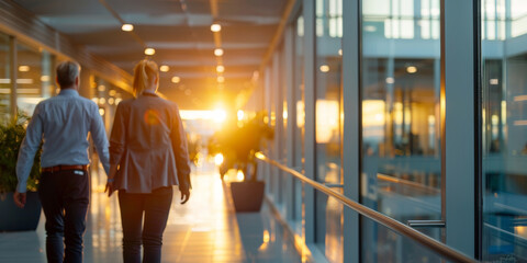 Sunset Stroll: A couple walks hand-in-hand down a modern office hallway, bathed in the warm glow of a setting sun, creating a serene and inspiring scene.