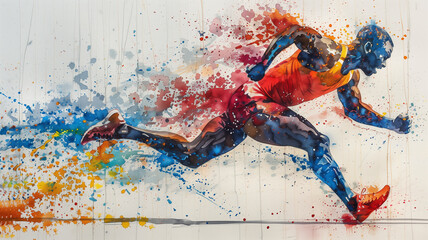 Athlete running in abstract watercolor sketch style