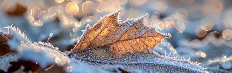 A single, frost-covered leaf lies on the ground, bathed in the warm glow of the early morning sun. The leaf's delicate veins are visible, highlighted by the ice crystals that cling to its surface. The
