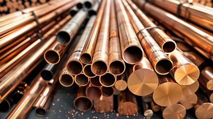 Naklejka premium Copper Pipes in Warehouse. Various sizes of copper pipes stacked and stored in a warehouse, illustrating the variety and organization of industrial materials.