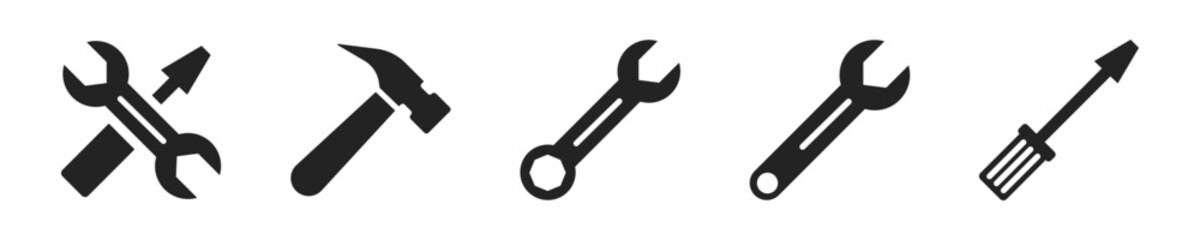 Repair icon set. Set of 5 icons related to screwdriver, wrench, hammer. Repair outline icons collection. Editable stroke. Vector illustration.