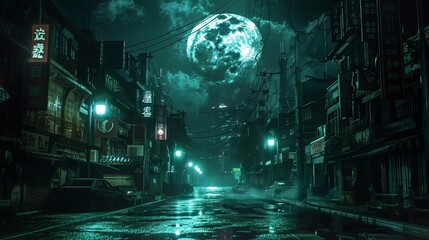 Obraz premium A wet dark city street illuminated by neon signs and a glowing moon
