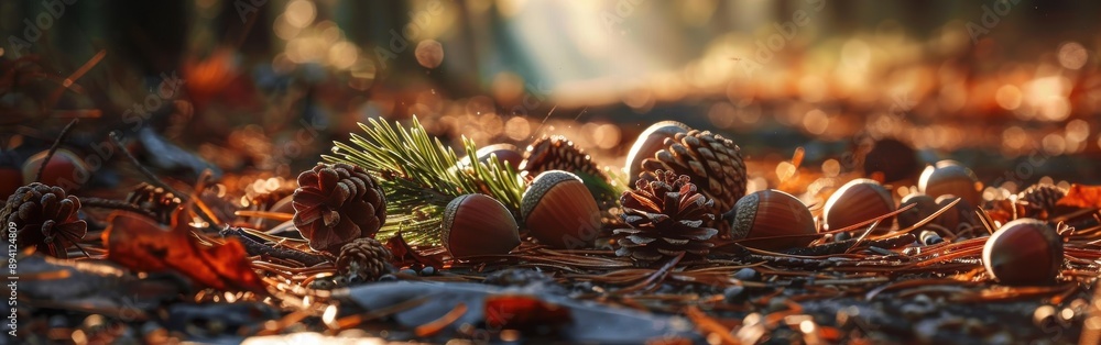 Poster pine cones and acorns are scattered on a forest floor covered in fallen leaves and pine needles. the
