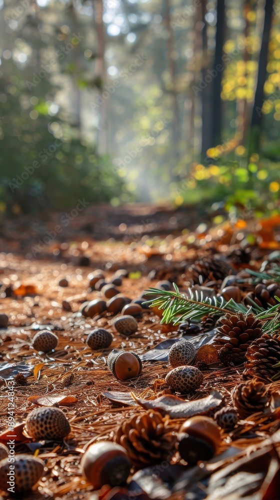 Poster A forest path lined with pine trees stretches out into the distance. The ground is covered in fallen leaves, acorns, and pine cones. Sunlight shines through the trees, illuminating the path.