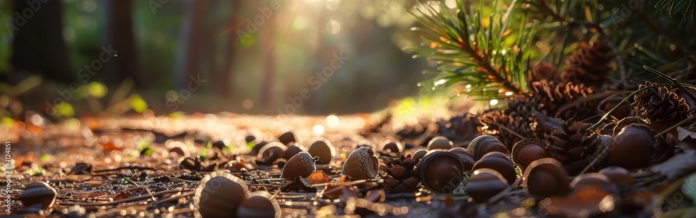 Poster A collection of acorns lies scattered on the forest floor beneath a pine branch. Sunlight filters through the trees behind, creating a warm glow.
