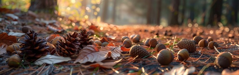 Acorns and pine cones lay scattered on a forest floor covered in pine needles and fallen leaves. The sun's rays peek through the trees, illuminating the scene with warm morning light.