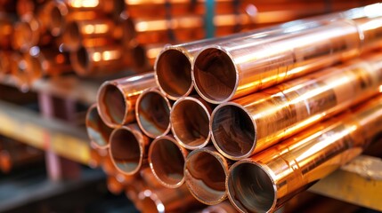 Copper Pipes Ready for Industrial Use. Close-up of copper pipes in a warehouse, ready for industrial use, showcasing their quality and polished finish.