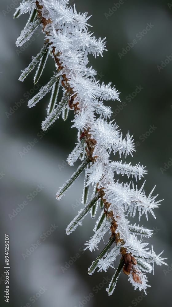 Poster A delicate pine branch is completely covered in intricate frost crystals. The frosty needles are a stark contrast to the blurred background, creating a sense of winter stillness.