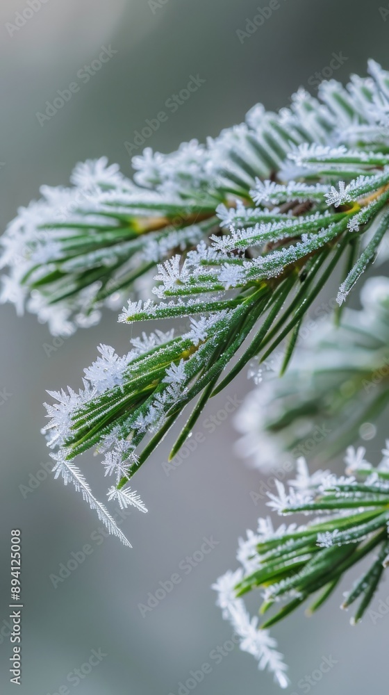 Aufkleber A close-up view of a pine branch covered in frost, showcasing the delicate, intricate patterns of the ice crystals. The green needles are visible beneath the frosty coating, adding a splash of color t