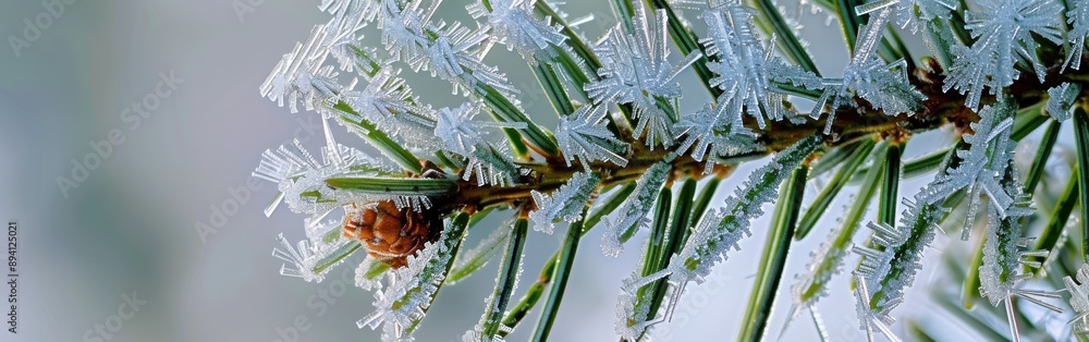 Poster a close-up shot of a pine branch with delicate frost crystals covering the needles. the frost has fo