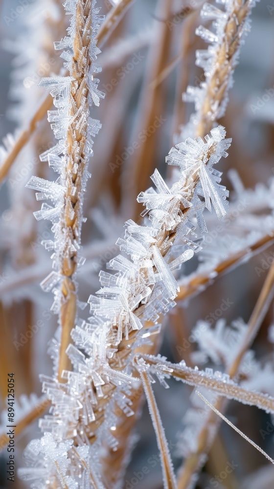 Aufkleber a close-up view of grass stalks covered in frost crystals, showcasing the intricate details of the i
