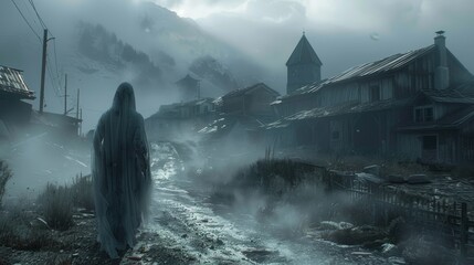 Fototapeta premium A haunting zombie ghost with translucent skin drifting through a desolate village
