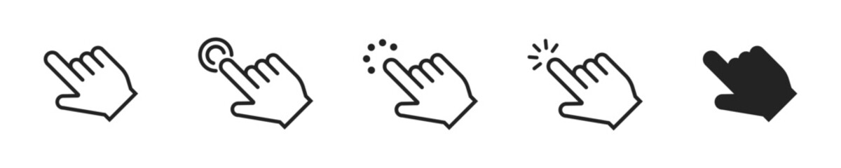 Hand click cursor icon set. Set of 5 outline icons related to hand cursor. Hand click cursor outline icons collection. Editable stroke. Vector illustration.