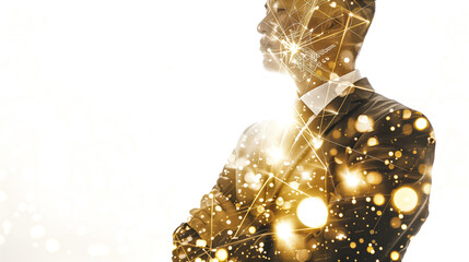 Successful corporate figure with gold accents and achievement symbols double exposure effect luxurious and elegant look