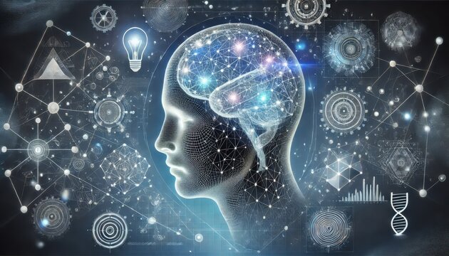 Abstract Image Depicts a Human Head with Glowing Brain Surrounded by Mathematical and Scientific Symbols, Representing Knowledge and Innovation