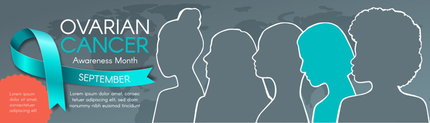Long horizontal Banner for Ovarian Cancer Awareness Month in September. Diverse women`s silhouettes, text, and a teal ribbon. Modern flat illustration
