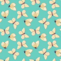 Watercolor illustration of white butterflies. Seamless pattern on a mint background in Provence style. For fabric, textiles, wallpaper, prints, children's clothing.