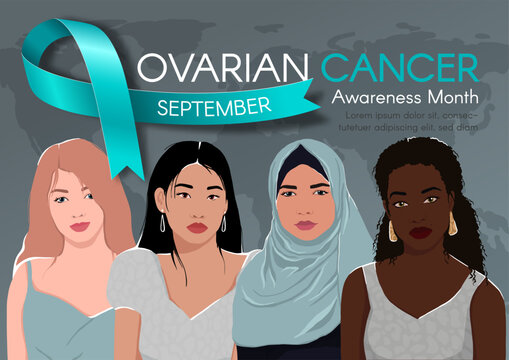 Horizontal Banner for Ovarian Cancer Awareness. Diverse women`s silhouettes, text, and a teal ribbon. Modern flat illustration - Powered by Adobe
