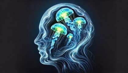 Artistic Representation of Human Brain Concept Utilizing Jellyfish Imagery Symbolizing Neural Connections and Synaptic Activity