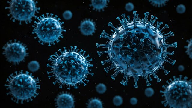 small single floating blue virus concept image in blac background
