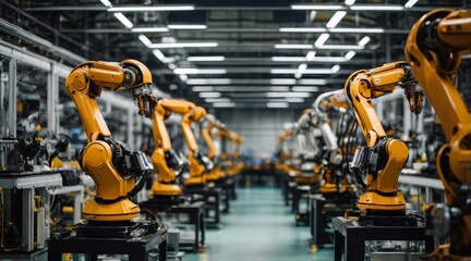 Fototapeta premium Row of industrial robotic arms line in factory ready for work