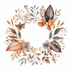 Obraz premium Autumn watercolor wreath in a round frame of autumn leaves, foliage and plants with an empty space in the middle for text in dark brown tones on a white background with a muted, soft pastel palette.