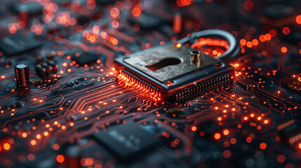 padlock placed on a circuit board symbolizes internet security and cybersecurity, representing the protection of data, networks, and digital information from unauthorized access and cyber threats