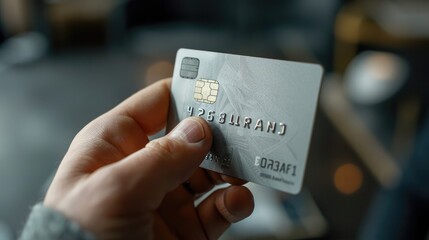 Close-Up View of Hand with Bank Card Mockup and Chip for Online Payment Capabilities