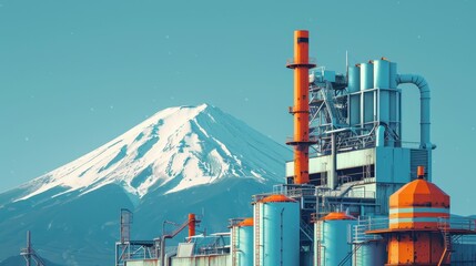 Obraz premium Abstract factory on Mount Fuji, geometric shapes and bold colors Snowcovered peak, clear sky Artistic fusion of industrial design and natural scenery