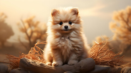 Cute Pomeranian Puppy Sitting on Rocks