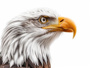 Obraz premium Close-up of a majestic bald eagle's head with sharp details and intense gaze, showcasing its iconic white feathers and powerful yellow beak.
