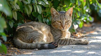 Street cat with short gray hair resting in shade beside bushes
