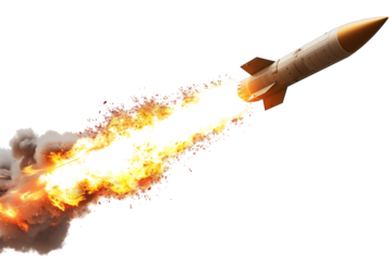 A missile with a trail of fire isolated on a transparent background