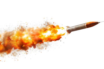 A missile with a trail of fire isolated on a transparent background