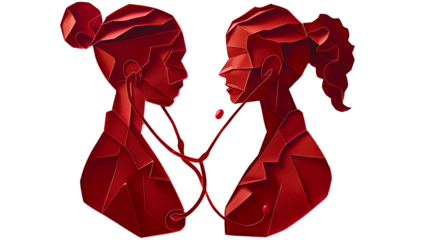 Red paper cut origami silhouette of two doctors and stethoscope on transparent background