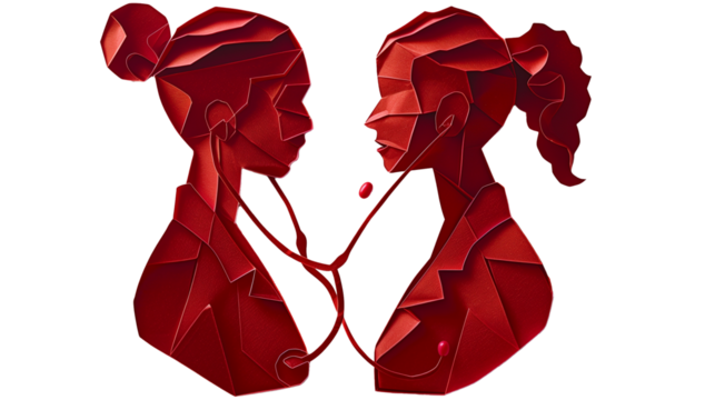 Red paper cut origami silhouette of two doctors and stethoscope on transparent background - Powered by Adobe