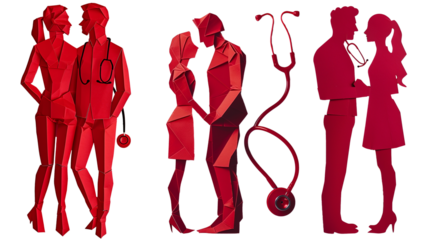 Red paper cut origami silhouette of two doctors and stethoscope on transparent background