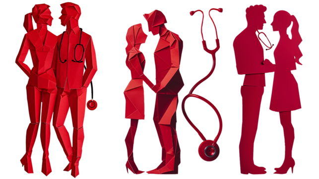 Red paper cut origami silhouette of two doctors and stethoscope on transparent background