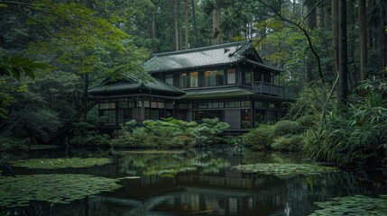 Photos of Traditional Chinese-Style House in Green Forest with Tiled Roofs, Gray Walls, Lush Greenery, Ponds, Wooden Bridges, and Stone Paths, High-Definition Wide-Angle Lens Captures Tranquility and 