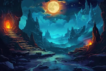 Mystical moonlit cavern entrance with glowing path