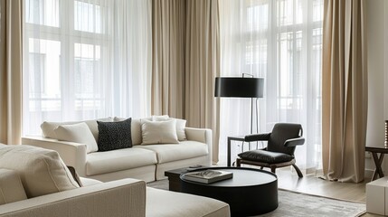 Bright, elegant living room with white-curtained windows, beige sofa and chair, modern coffee table, and black lamp
