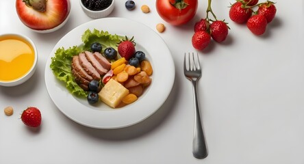 Top view Balanced diet food on white background with copy space 