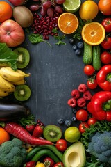 Colorful Assortment of Fresh Fruits and Vegetables on a Dark Chalkboard Background