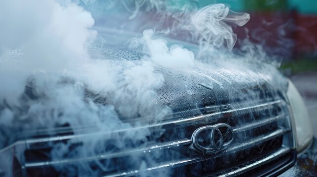 Smoke comes out of the hood of the car because the car engine is overheating.