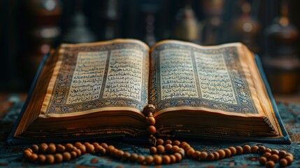 Obraz premium An open Quran and wooden rosary on an Islamic prayer stand.