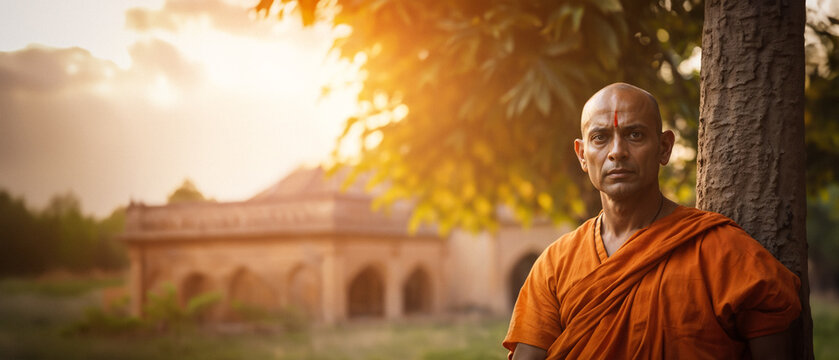 A Hindu scholar monk (Chanakya) dressed in saffron clothing sits peacefully under a tree, symbolizing spirituality and contemplation.