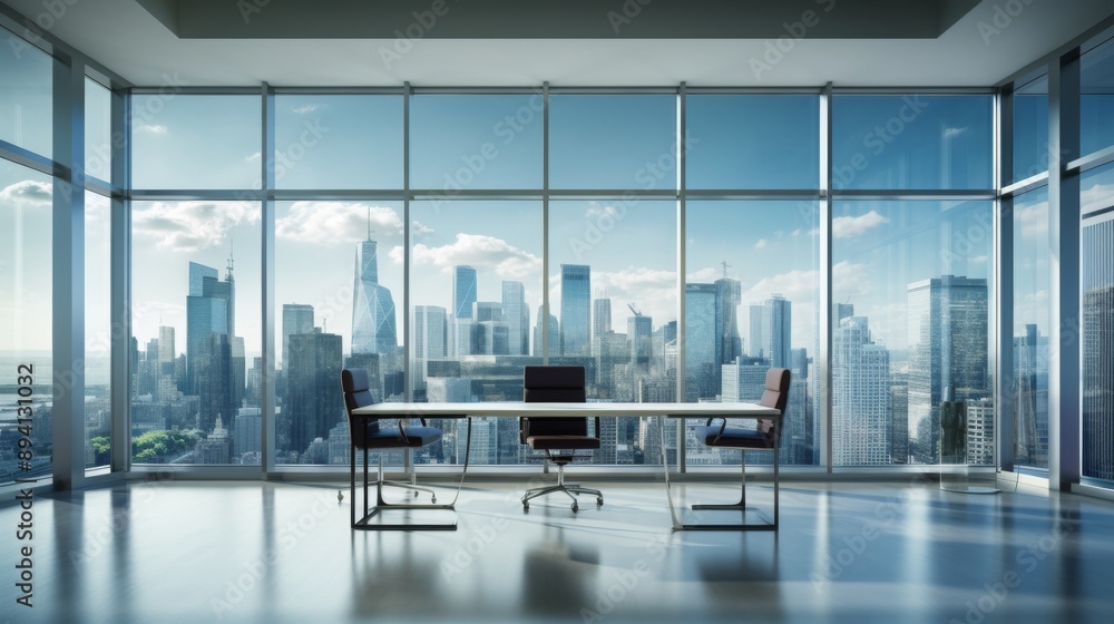 Poster an empty office conference table with chairs sits by a large window with an expansive view of a city