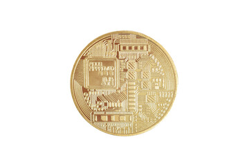 Bitcoin isolated on white background. Cryptocurrency. Golden bitcoin physical gold coin. Symbol of the crypto currency