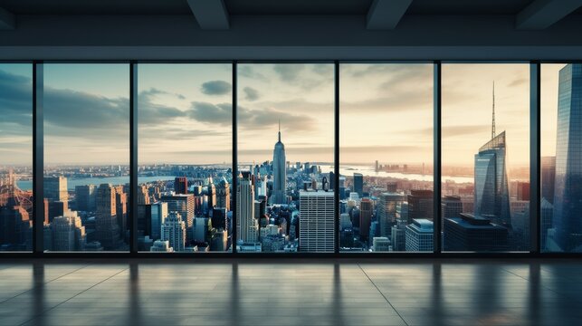 Fototapeta An expansive view of a city skyline, with multiple skyscrapers visible, is seen through the large windows of a modern office building